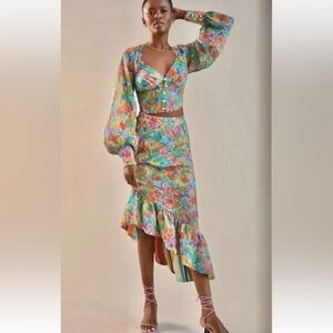 Anthropology Hope For Flowers Asymmetrical Slim Floral Midi Skirt Sz Medium